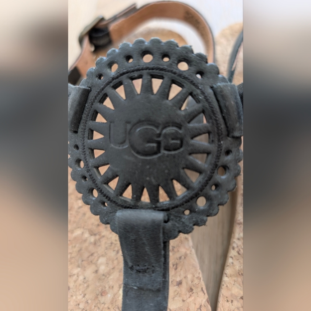 Like new/UGG Black T-Strap Cork Footbed Sandals with Medallion Accent - Picture 2 of 5